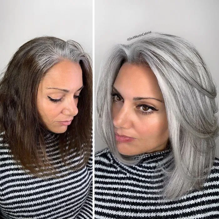 En vez de cubrir las raíces de las canas, este peluquero hace que sus clientas las adoren con sus increíbles transformaciones (35 fotos)