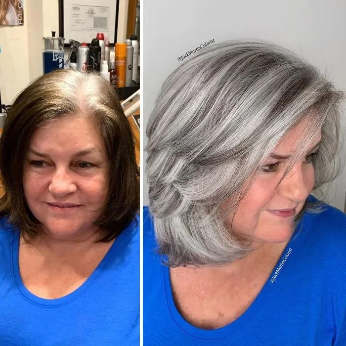 En vez de cubrir las raíces de las canas, este peluquero hace que sus clientas las adoren con sus increíbles transformaciones (35 fotos)