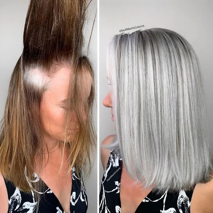 En vez de cubrir las raíces de las canas, este peluquero hace que sus clientas las adoren con sus increíbles transformaciones (35 fotos)