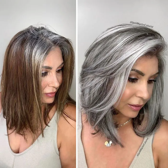 En vez de cubrir las raíces de las canas, este peluquero hace que sus clientas las adoren con sus increíbles transformaciones (35 fotos)