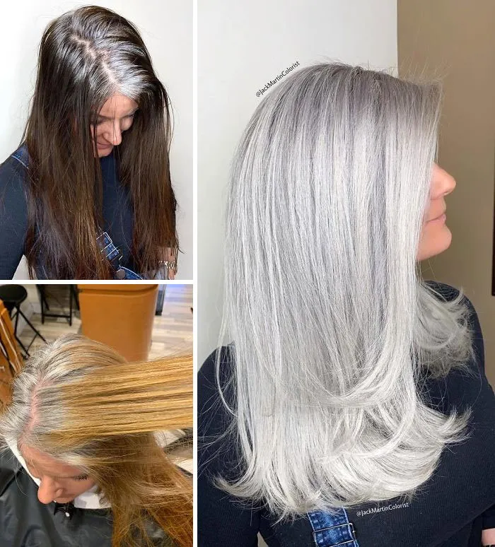 En vez de cubrir las raíces de las canas, este peluquero hace que sus clientas las adoren con sus increíbles transformaciones (35 fotos)