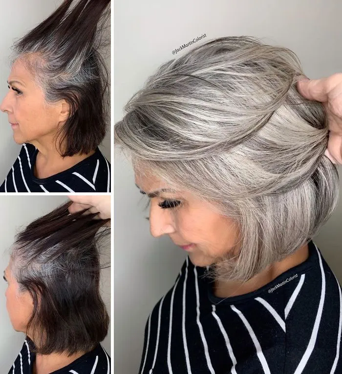 Instead Of Covering Grey Roots, This Hairdresser Makes Clients Embrace It With His Powerful Transformations (35 Pics)