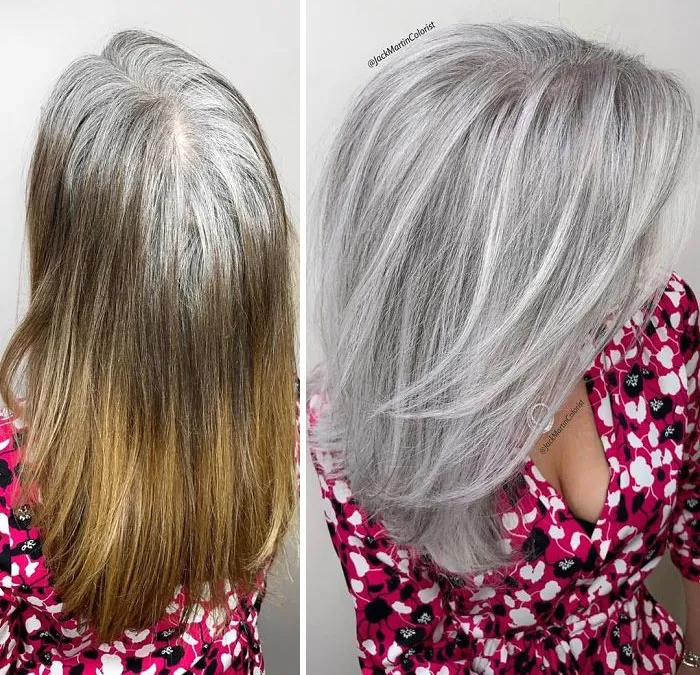 Instead Of Covering Grey Roots, This Hairdresser Makes Clients Embrace It With His Powerful Transformations (35 Pics)