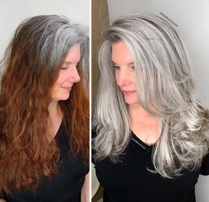 Instead Of Covering Grey Roots, This Hairdresser Makes Clients Embrace It With His Powerful Transformations (35 Pics)