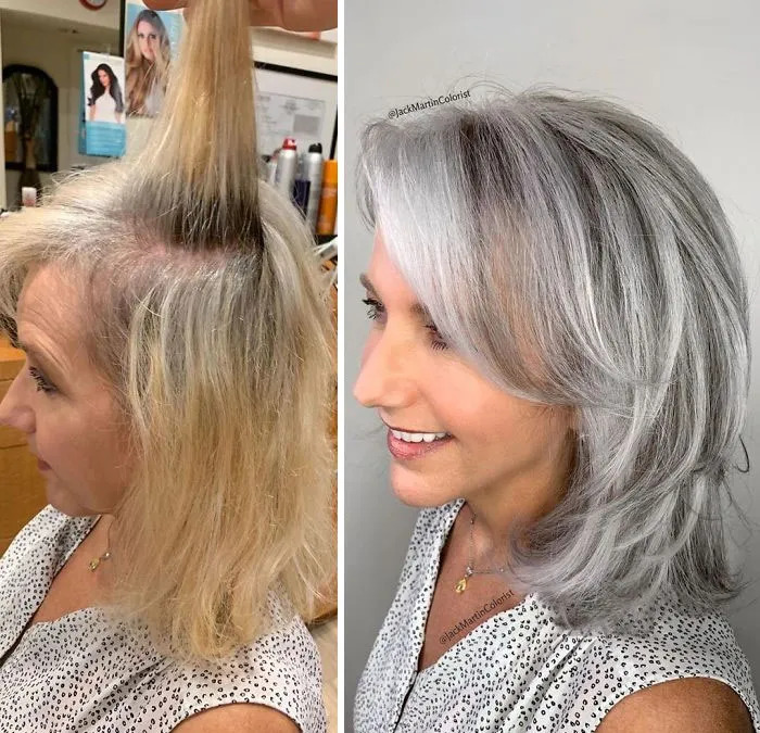 Instead Of Covering Grey Roots, This Hairdresser Makes Clients Embrace It With His Powerful Transformations (35 Pics)