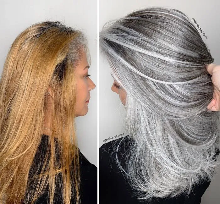 En vez de cubrir las raíces de las canas, este peluquero hace que sus clientas las adoren con sus increíbles transformaciones (35 fotos)