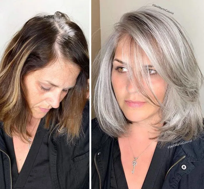 En vez de cubrir las raíces de las canas, este peluquero hace que sus clientas las adoren con sus increíbles transformaciones (35 fotos)