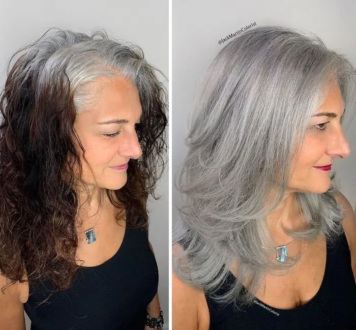 Instead Of Covering Grey Roots, This Hairdresser Makes Clients Embrace It With His Powerful Transformations (35 Pics)
