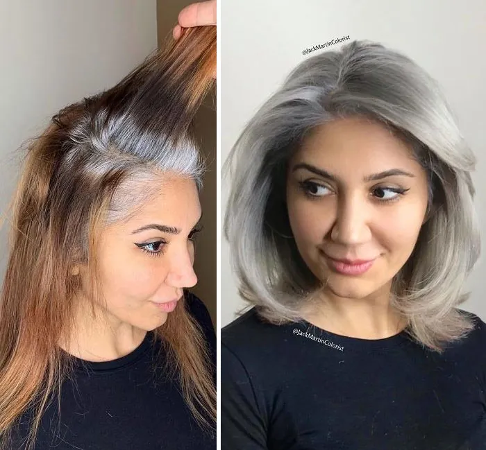 En vez de cubrir las raíces de las canas, este peluquero hace que sus clientas las adoren con sus increíbles transformaciones (35 fotos)