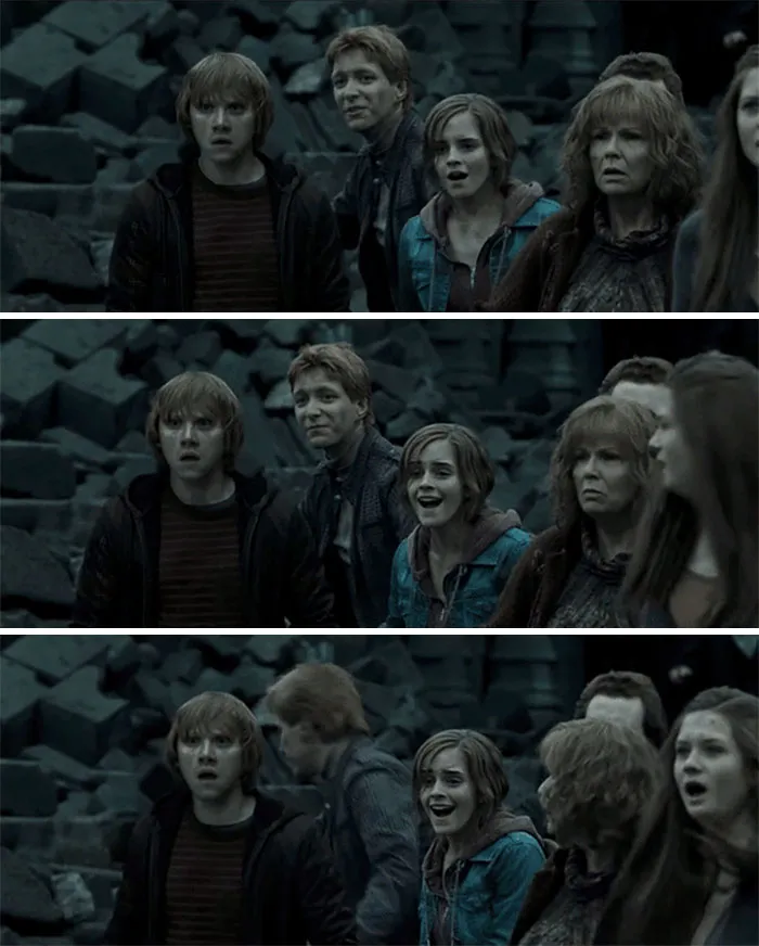 Cuando Harry revela que está vivo en las Reliquias de la muerte 2, George se gira para decírselo a Fred, que normalmente siempre está a su lado