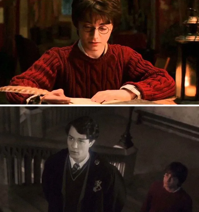 En la Cámara secreta, antes de que Harry fuera absorbido en el diario, hay una vela encendida. Cuando está dentro, todo está en blanco y negro, pero se ve la luz de la vela temblando en su cuerpo