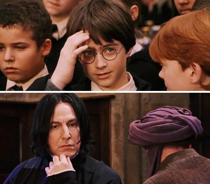 En la Piedra Filosofal, a Harry le arde su cicatriz porque Quirrell le está dando la espalda, lo que significa que Voldemort, en la nuca de Quirrell, le mira de frente