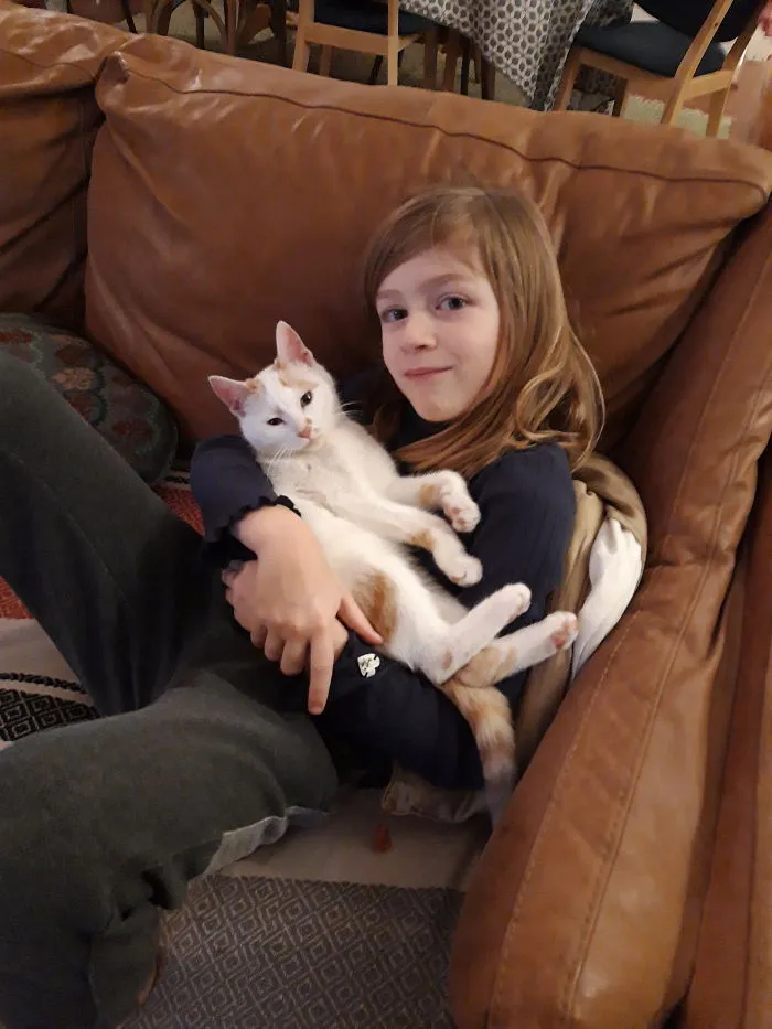 Mi hija y nuestro gato días después de encontrarlo: estaba desnutrido en la calle