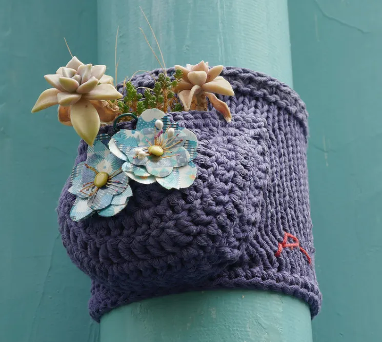 Knit & Crochet Planter Yarn Bomb Spotted In Paris - Street Art That's So Inspiring & Practical Too!