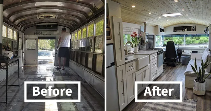 Couple Spends A Year And A Half Converting An Old '90s School Bus Into A Cozy Home, And It's Worth All The Work