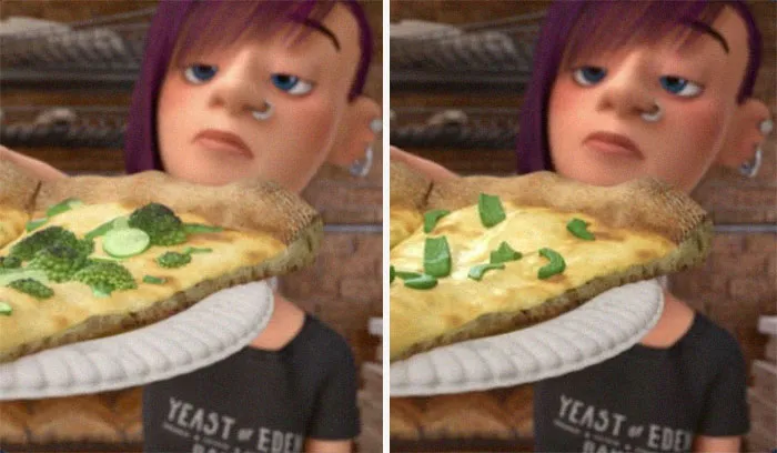 En Del Revés, la pizza cambió de tener pimiento a brécol en Japón, ya que a los niños japoneses no les gusta el pimiento