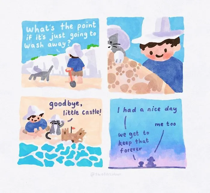 Artist Draws Wholesome Watercolor Comics Where A Cat Is Giving Out Mental Health Advice (20 Pics)