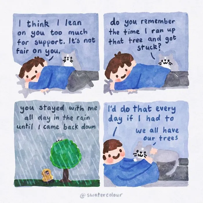 Artist Draws Wholesome Watercolor Comics Where A Cat Is Giving Out Mental Health Advice (20 Pics)