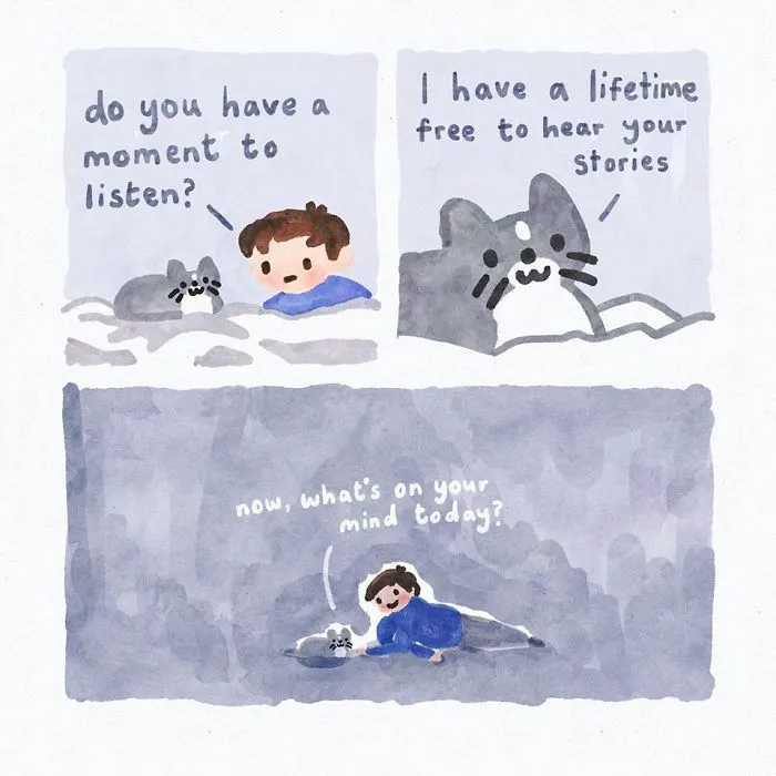 Artist Draws Wholesome Watercolor Comics Where A Cat Is Giving Out Mental Health Advice (20 Pics)