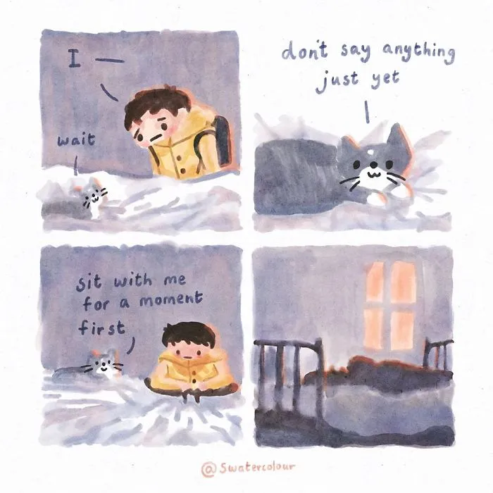 Artist Draws Wholesome Watercolor Comics Where A Cat Is Giving Out Mental Health Advice (20 Pics)
