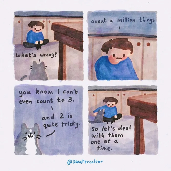Artist Draws Wholesome Watercolor Comics Where A Cat Is Giving Out Mental Health Advice (20 Pics)
