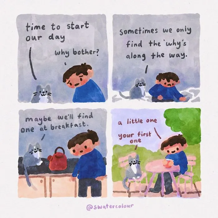 Artist Draws Wholesome Watercolor Comics Where A Cat Is Giving Out Mental Health Advice (20 Pics)