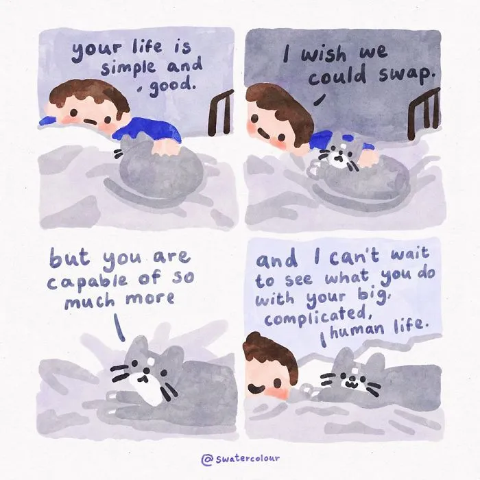 Artist Draws Wholesome Watercolor Comics Where A Cat Is Giving Out Mental Health Advice (20 Pics)