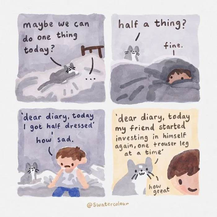 Artist Draws Wholesome Watercolor Comics Where A Cat Is Giving Out Mental Health Advice (20 Pics)