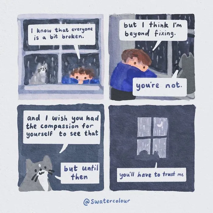 Artist Draws Wholesome Watercolor Comics Where A Cat Is Giving Out Mental Health Advice (20 Pics)