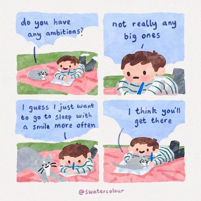 Artist Draws Wholesome Watercolor Comics Where A Cat Is Giving Out Mental Health Advice (20 Pics)
