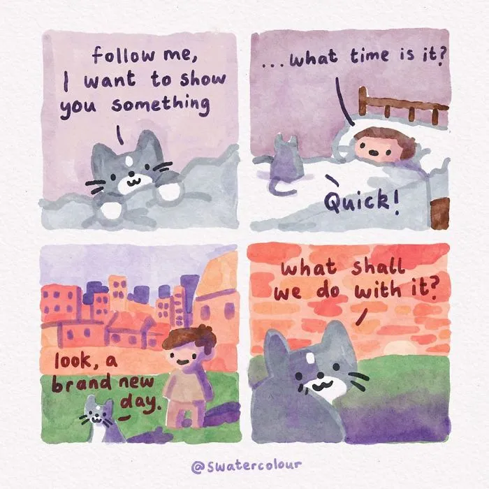 Artist Draws Wholesome Watercolor Comics Where A Cat Is Giving Out Mental Health Advice (20 Pics)