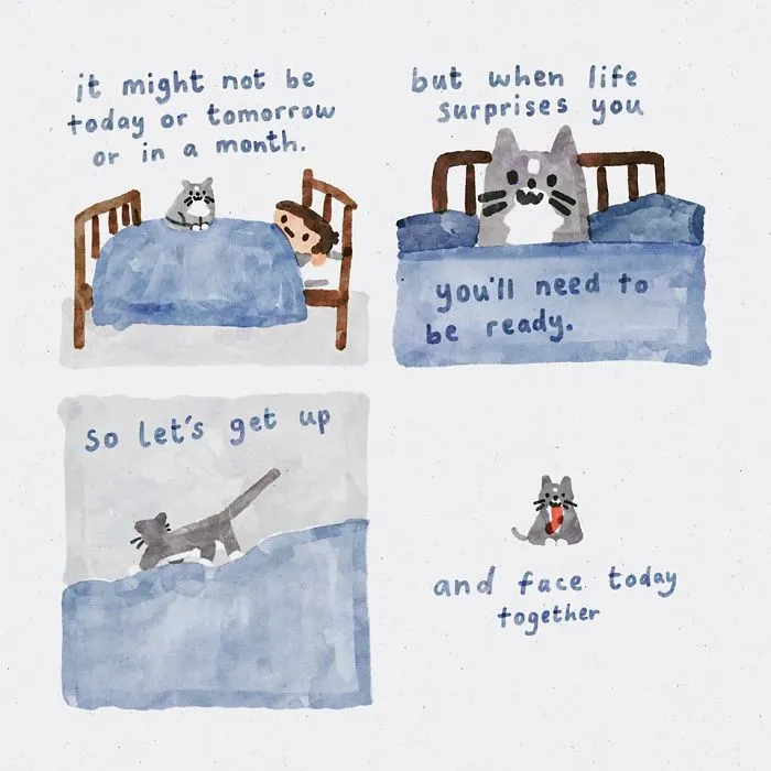Artist Draws Wholesome Watercolor Comics Where A Cat Is Giving Out Mental Health Advice (20 Pics)