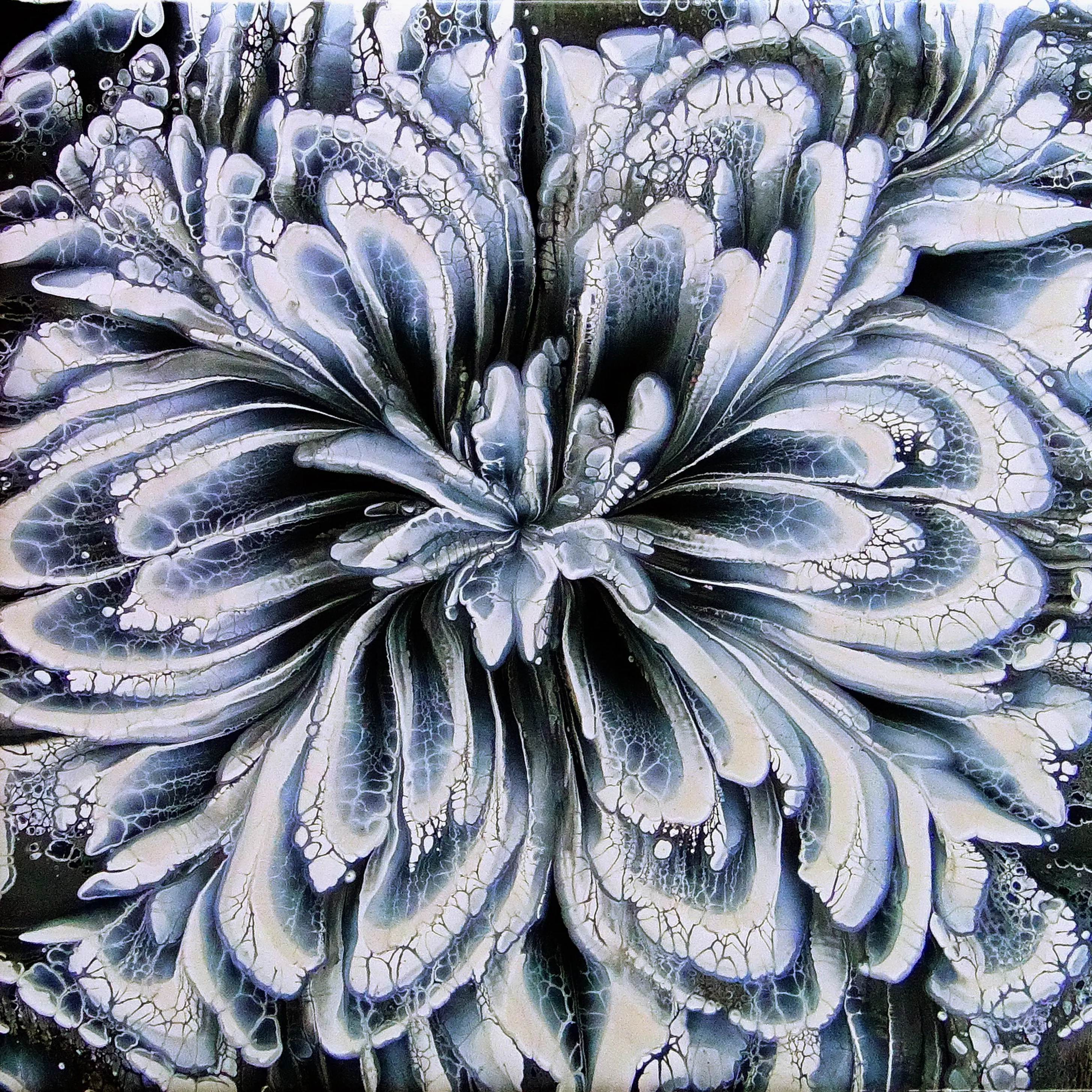 Black & White & Pearl ~ Spin Art ~ Cup Bottom Reverse Flower Dip ~ Acrylic Pour Painting