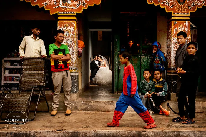 A Busy Street In Bhutan With Two People In Love!