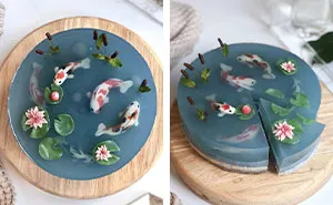 Woman Bakes Gorgeous Transparent Cake That Looks Like A Koi Pond
