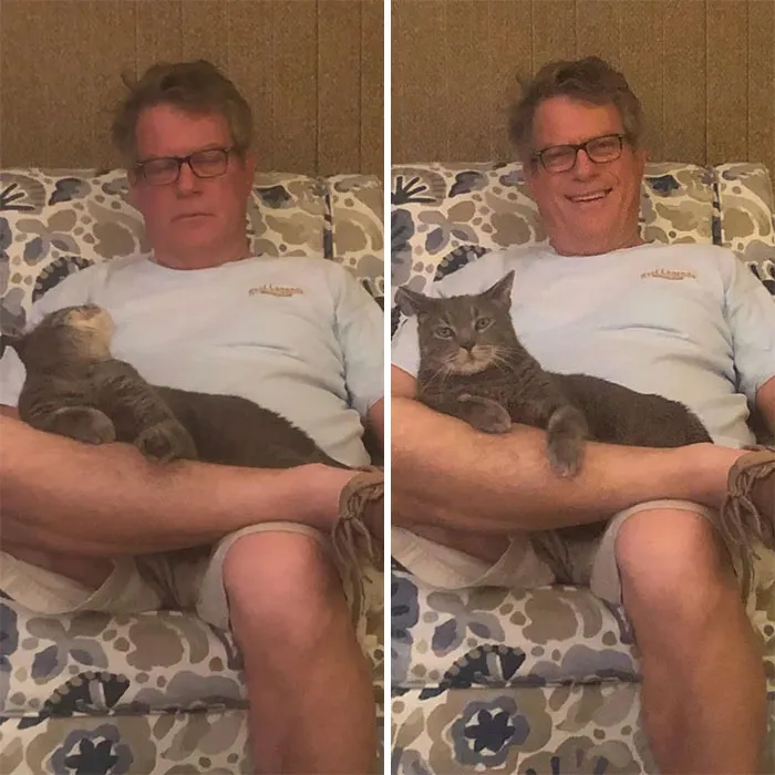 Mi padre se queja de que Remus se sienta en su regazo cada vez que va al sofá. Pero así sonríe después