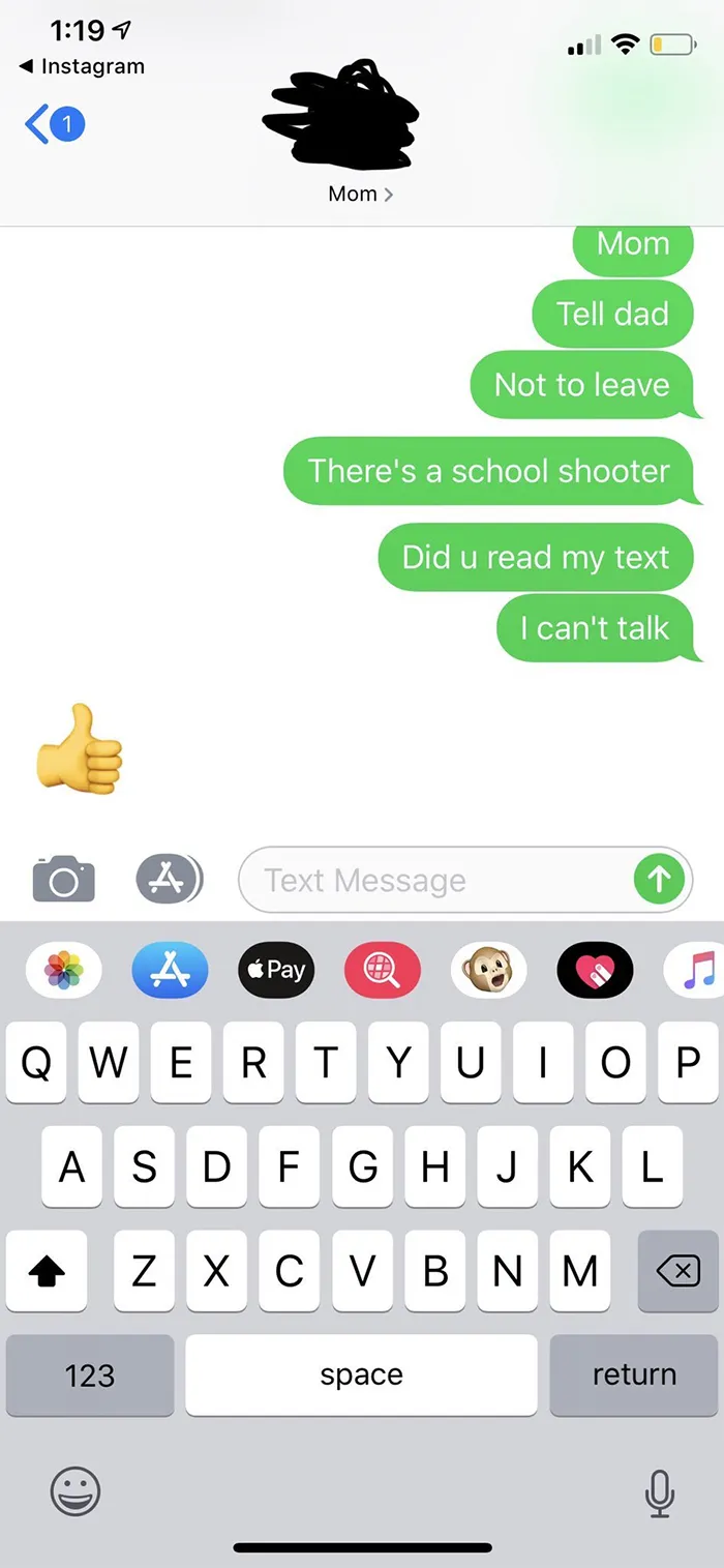 "Reminds me of when my school thought there was a shooter and I had to tell my mom it wasn’t safe to pick me up"