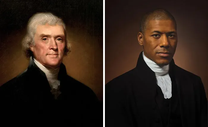 Thomas Jefferson (Iz.), 1800 y Shannon Lanier (De.) su  6 veces bisnieto