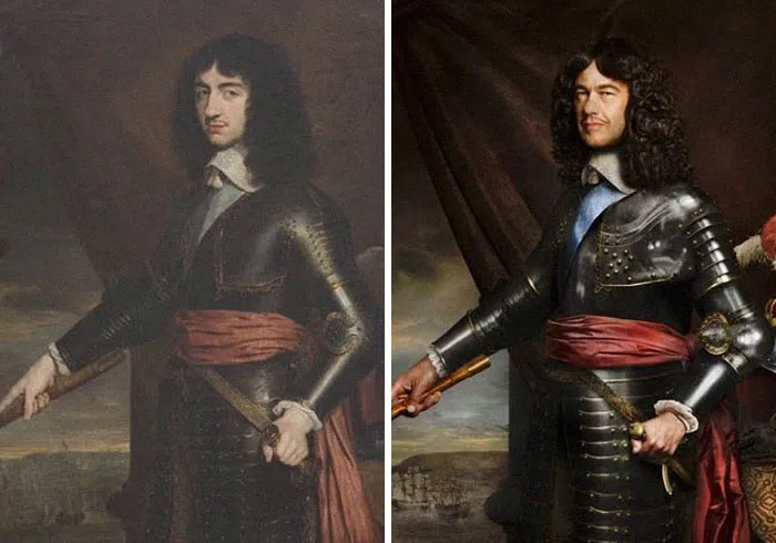 Carlos II de Inglaterra (Iz.), 1653 y Lord Charles Fitzroy (De.), su 9 veces bisnieto