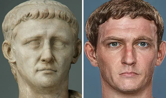 Marble bust of a Roman emperor beside an AI and Photoshop facial reconstruction showing a realistic human face.
