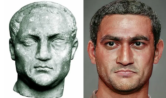 Side-by-side comparison of a Roman emperor's marble bust and a facial reconstruction using AI and Photoshop.
