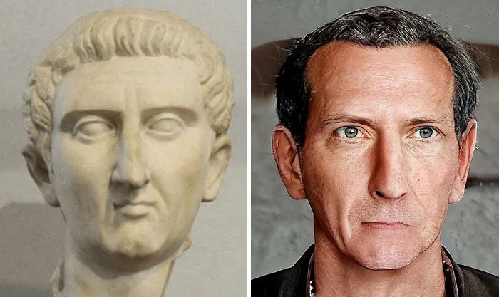 Side-by-side comparison of a Roman emperor bust and a facial reconstruction using AI and Photoshop techniques.