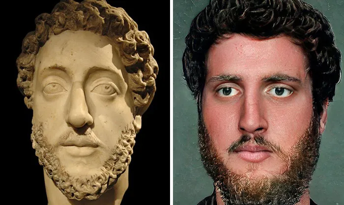 Side-by-side comparison of a Roman emperor's marble bust and a facial reconstruction using AI and Photoshop techniques.