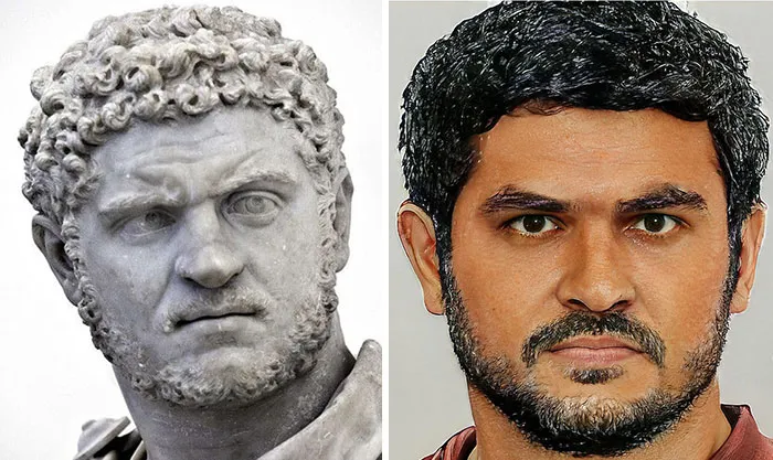 Side-by-side comparison of a Roman emperor marble bust and a facial reconstruction using AI and Photoshop.