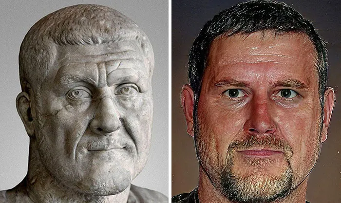 Side-by-side comparison of a Roman emperor bust and a facial reconstruction using AI and Photoshop techniques.