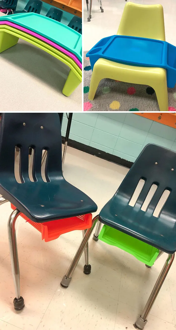 Encontré estas bandejas para poner en el regazo y las cajoneras de oferta. Con la idea de separar a los alumnos lo máximo posible