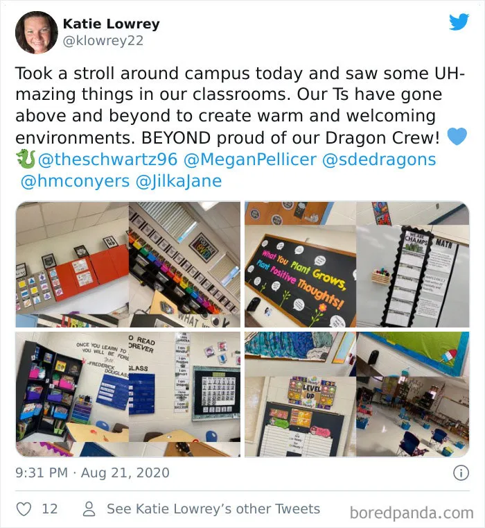 He paseado hoy por el campus y he visto cosas increíbles en las aulas. Los profesores han ido muy lejos para crear ambientes cálidos y acogedores. Muy orgullosa