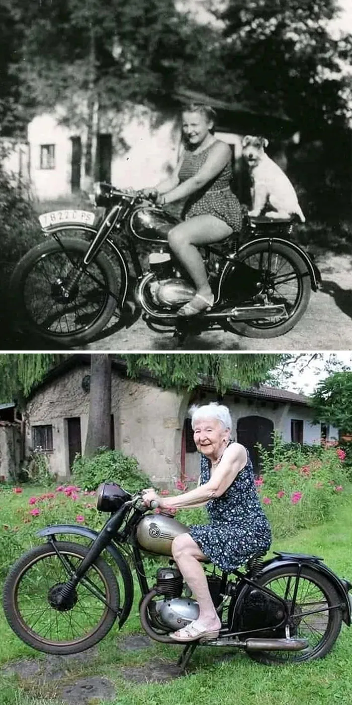 Mismo lugar, misma moto, misma chica. 71 años después