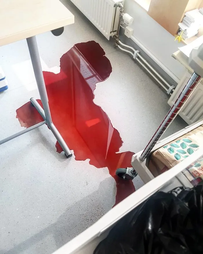 When You Get Into The Prep-Room And Feel A Storng Smell Of Lamb And Wonder Where It Comes From And Then You Find This Amazing Bloodpool Behind The Cart Where You Placed The Dissection Organs To Let Them Thaw Well, It's Alright! We Learn By Doing Mistakes. We Definitely Need To Buy New Intact Boxes To Our Lab Though