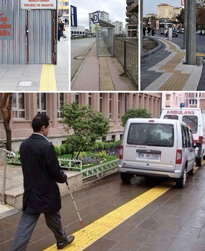 En Turquía tenemos caminos con baldosas amarillas con relieves para ayudar a los invidentes